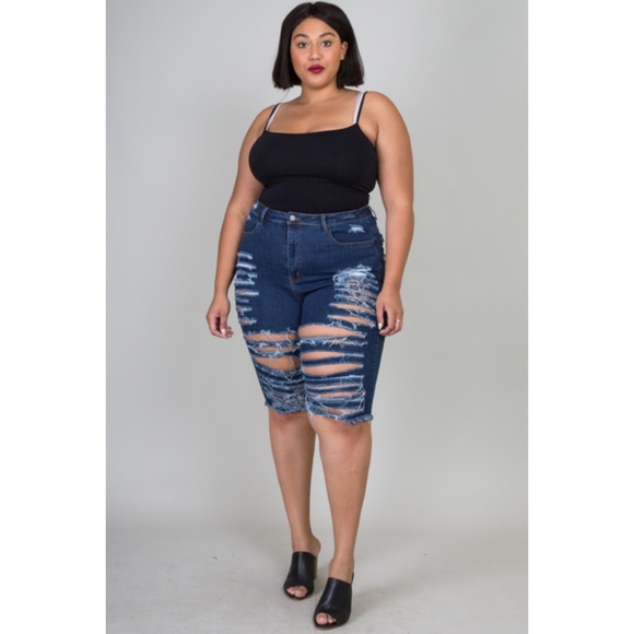 1x dark blue destroyed denim Bermuda shorts - Picture 2 of 6